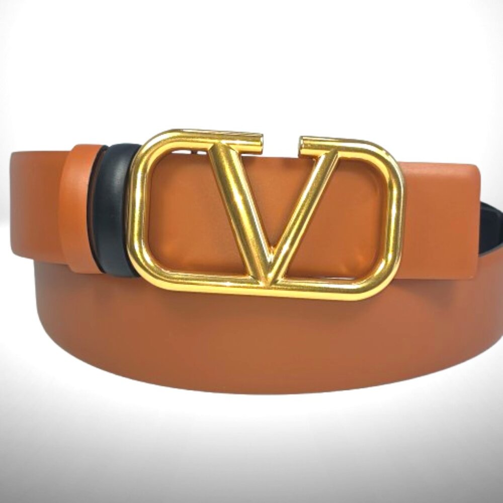 Valentino Garavani VLogo Reversible Leather Belt 40mm Tan/Black Gold Buckle - Picture 2 of 6
